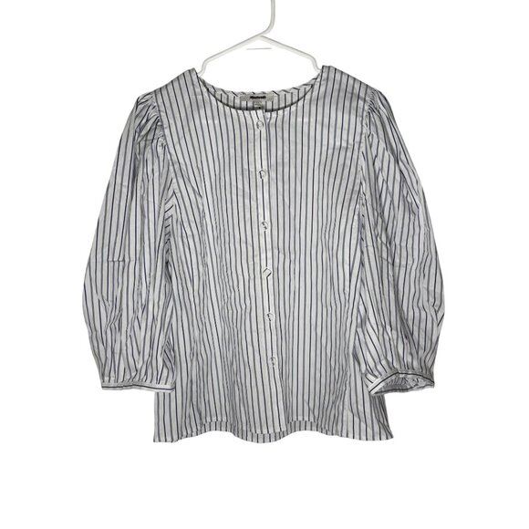 Madewell Puff-Sleeve Button-Up Top in Dark Navy Blue & White Stripe Size 10 NWT! - Picture 2 of 5